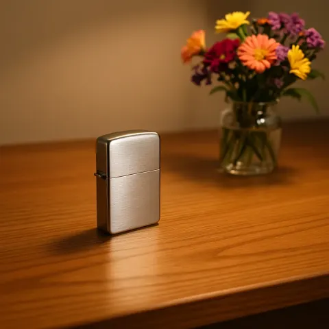 Polished Silver Lighter Rests on a Pristine Oak Desk