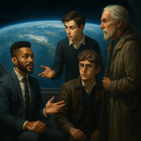 Five Distinct Figures Interact Before an Awe-inspiring Vista of Planet