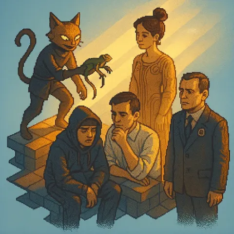 Cat-eyed Trickster Presents a Tailed Frog to an Art Nouveau