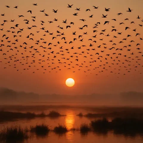 Vast Flock of Silhouetted Birds Takes Flight