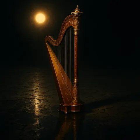 Solitary Harp—its Cherry Wood Frame Showcasing an Ornate Gilded Pillar