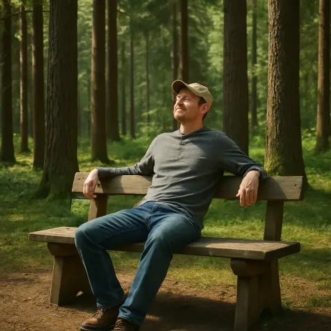 Man Sitting Comfortably on a Wooden Bench in the Midst