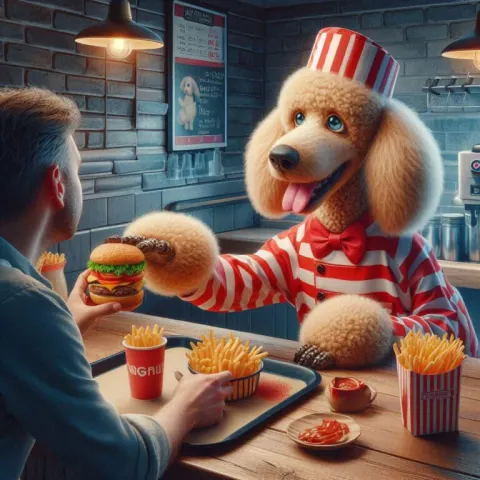 Goofy Poodle in Burger Bar Serving Meal