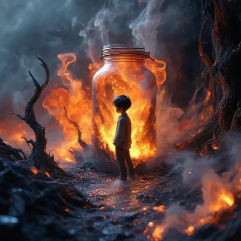 3D Boy Aglow in a Fiery Dreamscape