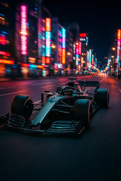 Contemporary F1 Race Car Gliding Swiftly Through a Luminous Urban