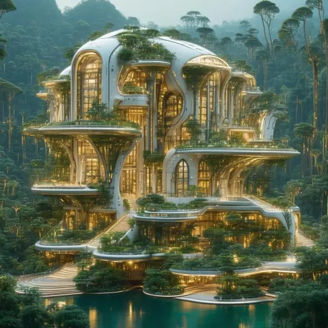 Futuristic Architecture Woven Into Digital Forest
