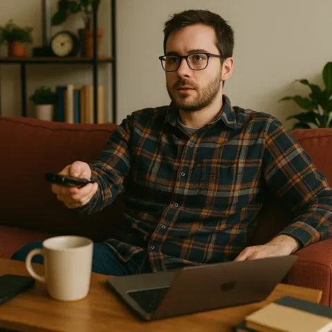 Person Wearing a Plaid Shirt Sits on a Red Couch