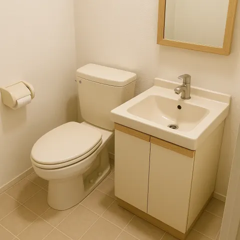 Small Bathroom Showcasing a Beige Sink with Delicate Wooden Details