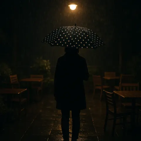 Person Stands in a Dimly Lit Outdoor Seating Area