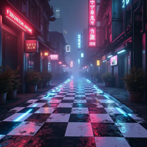 Neon Checkerboard Blazing in a Cyber City
