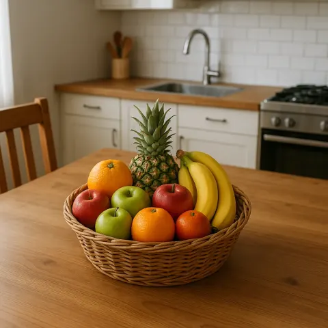 Wooden Dining Table Supports a Basket Brimming with Colorful
