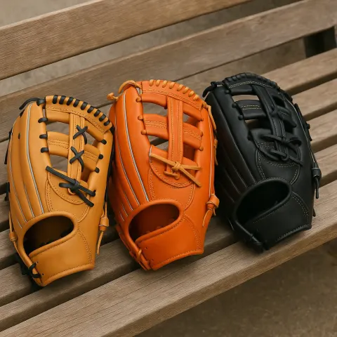 Three Differently Colored Baseball Gloves Arranged on a Wooden Bench