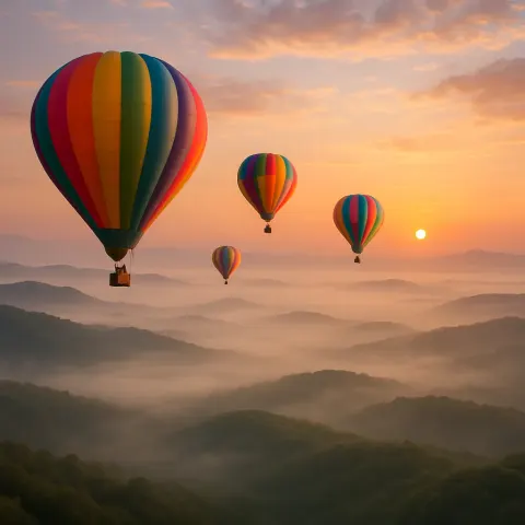 Few Colorful Hot Air Balloons Drift Serenely over Vast