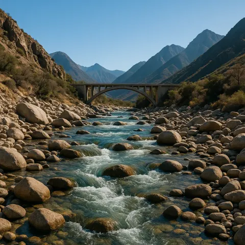 Rocky Riverbed with a Bridge Spanning over It