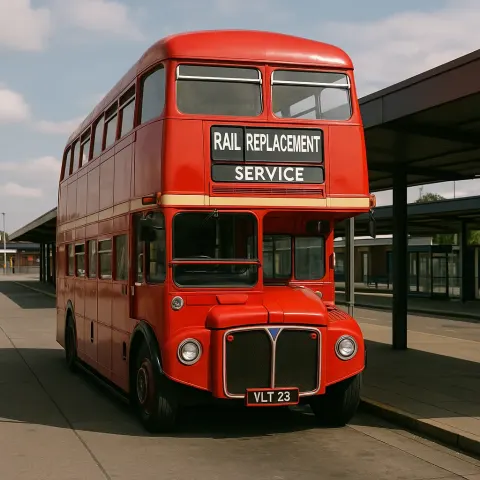 Red Double-decker Bus Labeled "Rail Replacement Service" Parked