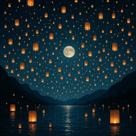 Countless Paper Lanterns Drift Skyward over a Serene