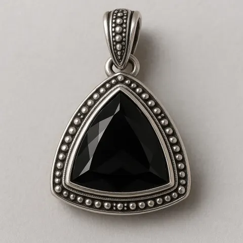 Triangular Black Gemstone Pendant Set in a Silver Decorative Frame