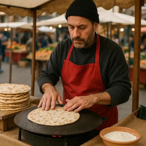 Vendor Wearing a Red Apron Prepares Flatbread on a Round