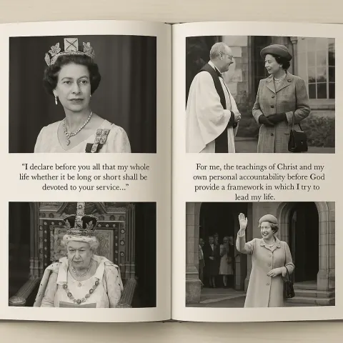 Open Book Displaying Photographs of the Queen in Various Settings