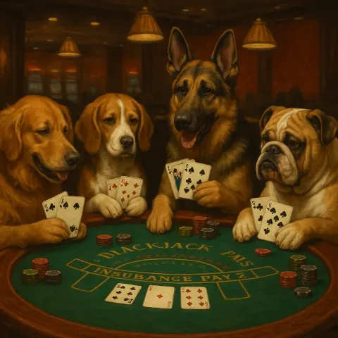 Group of Dogs Gathered Around a Casino Blackjack Table