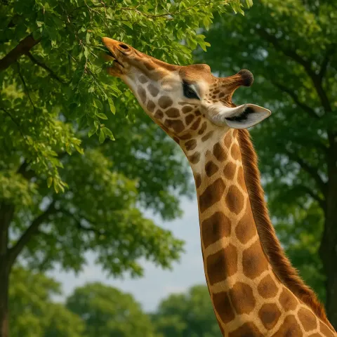 Tall Giraffe Stretches its Neck to Feed on Foliage
