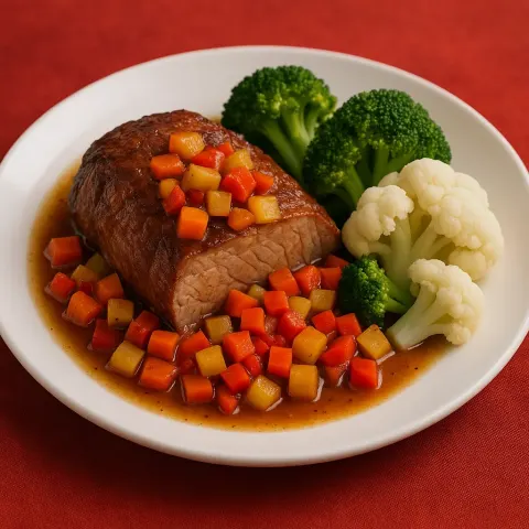 Plate of Roasted Meat with Diced Vegetables