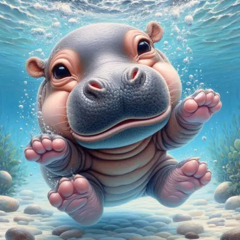Happy Baby Hippo Swimming Underwater Playfully