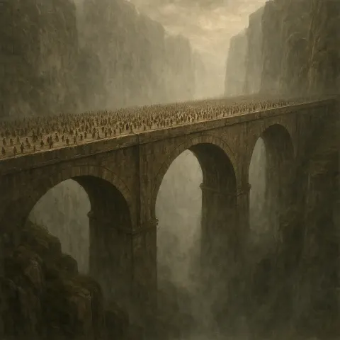 Countless Distant Figures Like Tiny Ants Stream Across a Colossal