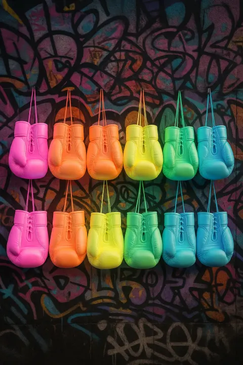 Ten Oval-shaped Boxing Gloves Are Showcased in an Energetic Arrangement