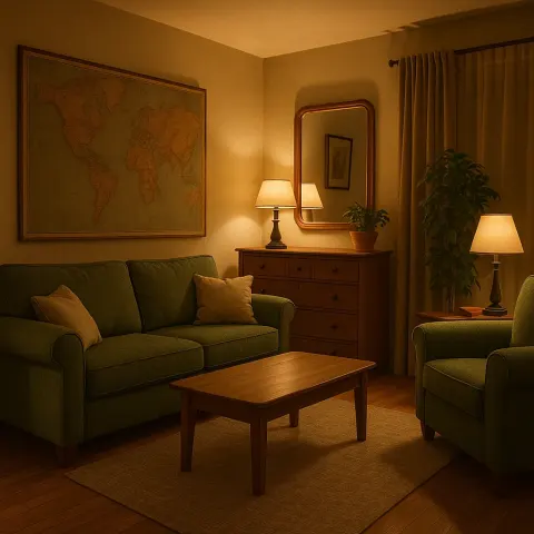 Cozy Living Room with Green Couches