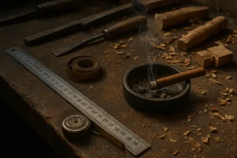 On a Worn and Aged Workbench Covered in Sawdust