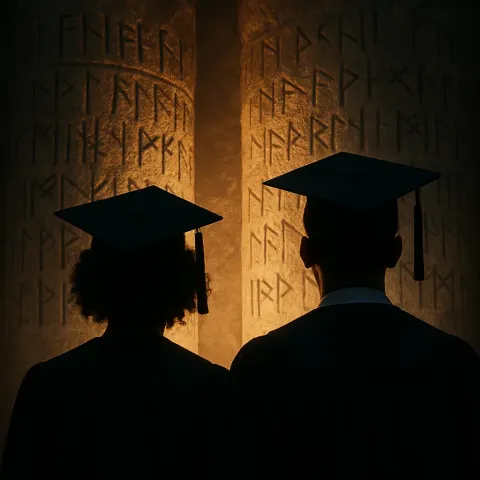 Two Diverse Mortarboards Sit Intensely Backlit Before Massive