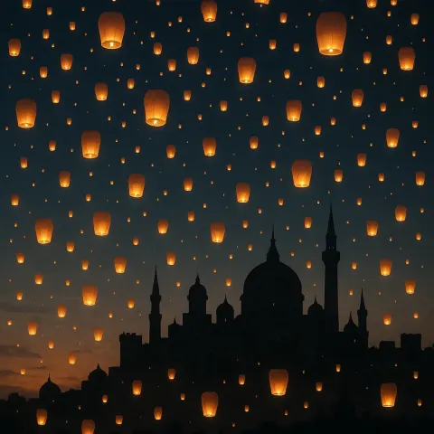 Innumerable Glowing Lanterns Ascend into the Twilight Sky