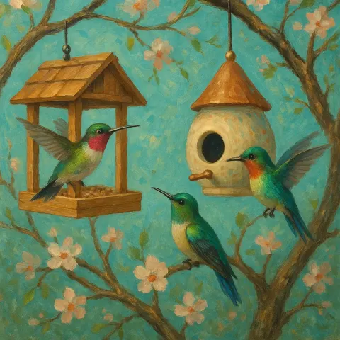Shimmering Birds Gather at the Painted Tree