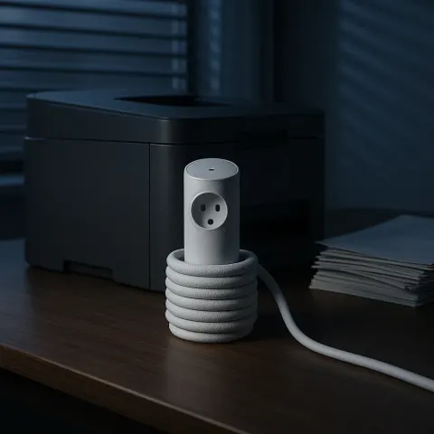 Nighttime Home Office Scene Features a Cylindrical White Extension Cord