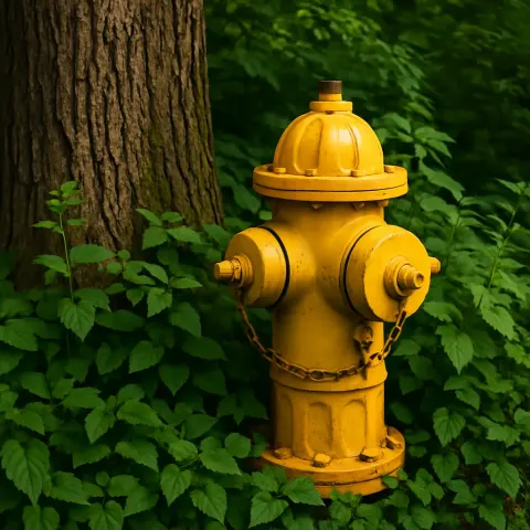 Yellow Fire Hydrant Surrounded by Dense Green Foliage