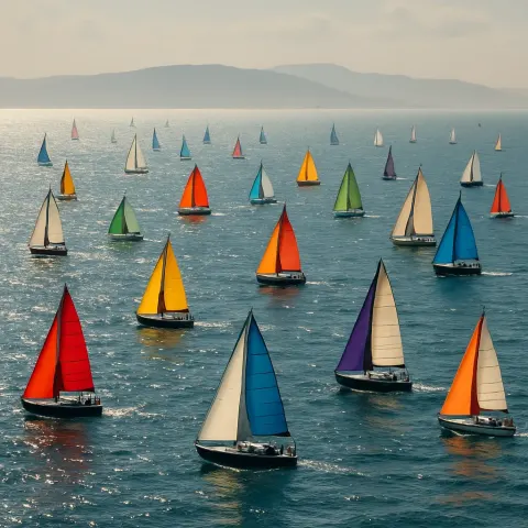 Scattered Fleet of Numerous Sailboats with Colorful Sails Glides