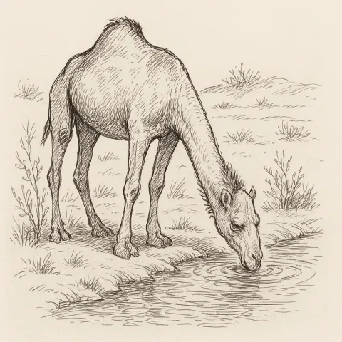 Drawing of a Camel Sipping Water from a Brook