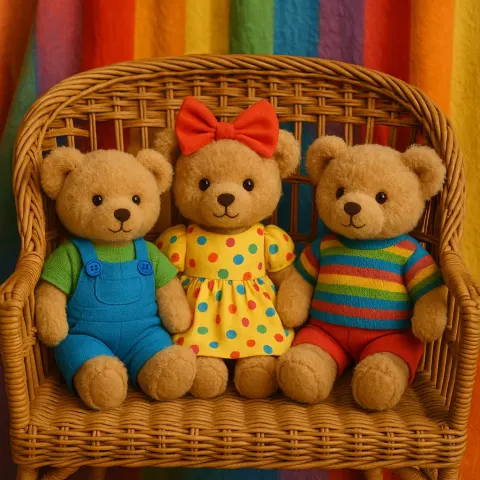 Three Teddy Bears Dressed in Colorful Outfits
