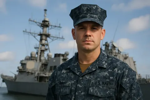 Navy Sailor in Digital Camouflage Uniform Stands in Front