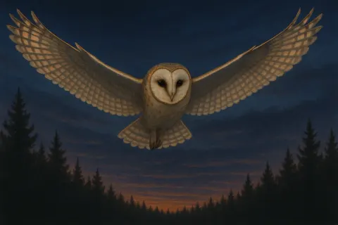 Fully Outstretched Owl Soaring Effortlessly over a Thick Forest