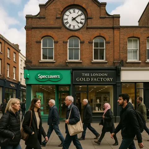 Busy Street Scene with a Brick Building Featuring a Clock