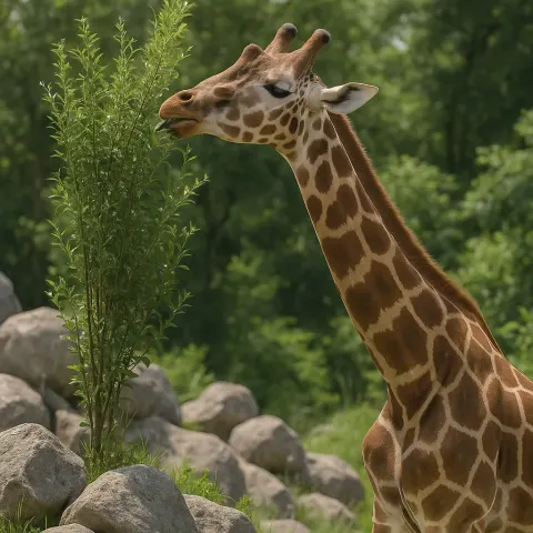 Giraffe Reaching to Eat Leaves from a Tall Bush