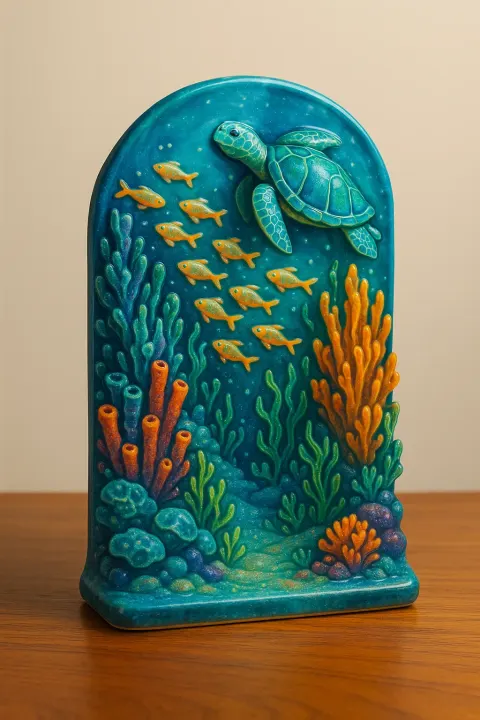 Meticulously Crafted Ceramic Diorama Rests Atop a Polished Wooden Table