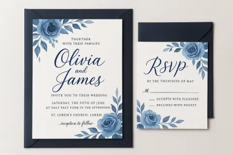 Wedding Invitation Suite Featuring Navy and Blue Colors