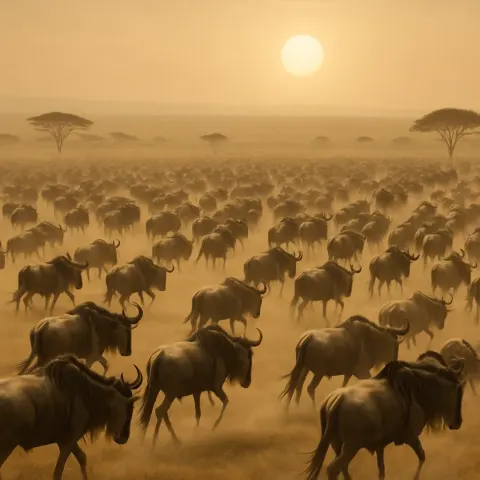 Vast Herd of Wildebeest Migrates Across a Sweeping Savanna Plain