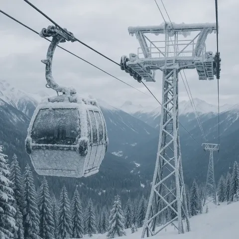 Snow-covered Gondola Lift with a Steel Support Tower
