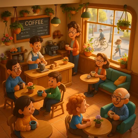 Lively Café Scene in a Vibrant 3D Style with Rendering