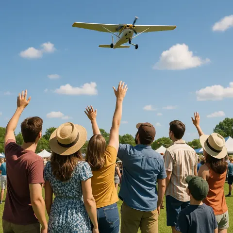 Group of People Watching a Small Airplane Fly Overhead