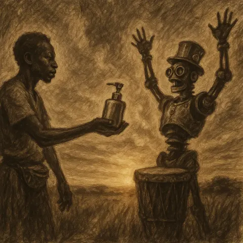 Charcoal-sketched Sub-Saharan African Figure with a Fanny Pack Outstretches Arms